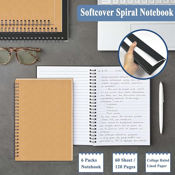 GINMLYDA 6Pack Small Spiral Notebook A5, 8.25x5.5” 120 Lined Pages Wide Ruled Spiral Journal Bulk Blank Kraft Cover Spiral Bound Notebook & Writing Pads for Home Office Meeting Work Note Taking