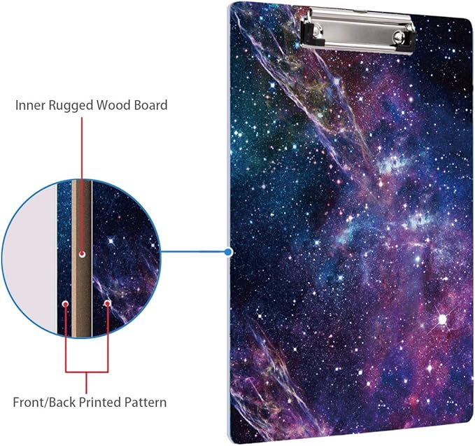 Clipboard Decorative, Clipboard Cute, WAVEYU A4 Letter Size Clip Board Pattern with Low Profile Clip, Retractable Key Hole for Hanging Paperboard for Office School Supplies, Nebula Black (12.5"x9")