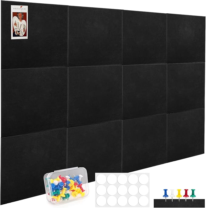 YOUEON Black Felt Bulletin Board for Wall 48" x 36", 12 Pack Black Cork Board Alternative with Pushpins & Self Adhesive Stickers, Soundproof Wall Tiles, Pin Boards for Home Office School