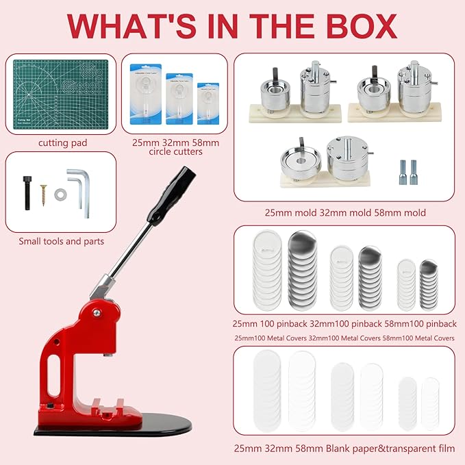 Button Maker Machine Multiple Sizes, 1 inch+1.25 inch+2.25 inch DIY Button Press Machine Kit, Metal Button Press Machine with Cutting Mat and Circle Cutte, Come with 300 Button Parts Supplies