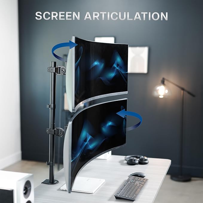 VIVO Dual Vertically Stacked Ultra-Wide Monitor Desk Mount for up to 49 inch Ultrawide Screens, Extra Tall Heavy Duty Adjustable Stand Holds 44 lbs Per Screen, Black, STAND-V202R