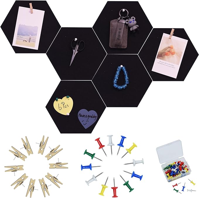 6Pcs Black Hexagon Bulletin Board Strips,Black Felt Pin Board Bar Strips with 50 Pushpins, Self-Adhesive Felt Cork Board Strips for Wall to Display Your Notes, Photos, Schedules