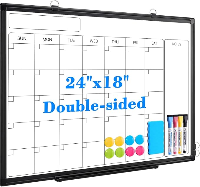 Monthly Calendar Dry Erase Whiteboard, 24" x 18" Magnetic Calendar White Board, Double-Sided Portable Board with Black Aluminium Frame for Office, Kitchen, School, Home