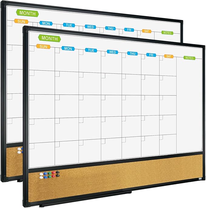 JILoffice Magnetic Calendar Whiteboard & Bulletin Corkboard Combination, Combo Board 36 x 24 Inch, 2 Pack, Black Aluminum Frame Wall Mounted Board for Office Home and School with 10 Push Pins