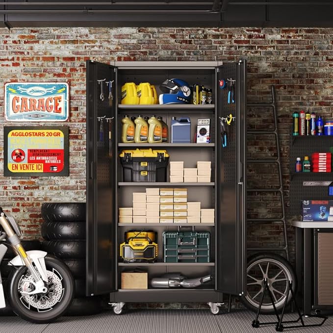 Aobabo Upgraded 71''H Metal Garage Storage Cabinet with Wheels and Door Pegboard,Steel Cabinets with 2 Doors and 5 Adjustable Shelves for Home Office,Required Assembly,Black