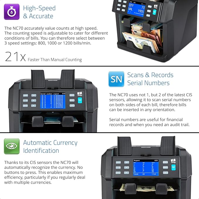 ZZap NC70 Mixed Denomination Bill Counter/2 Pocket Sorter/Counterfeit Detector - Money Cash Value Currency Machine