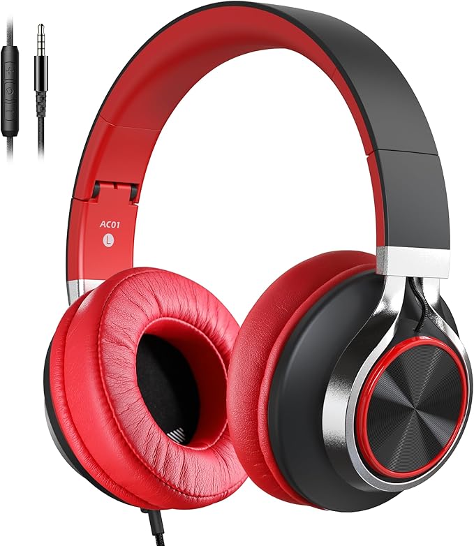 Over Ear Headphones Wired, AC01 Corded Stereo Headsets with Microphone Volume Control for Adults Teens Kids 3.5mm Jack for Chromebooks, Laptop, Computer, Tablets, Travel (Black Red)