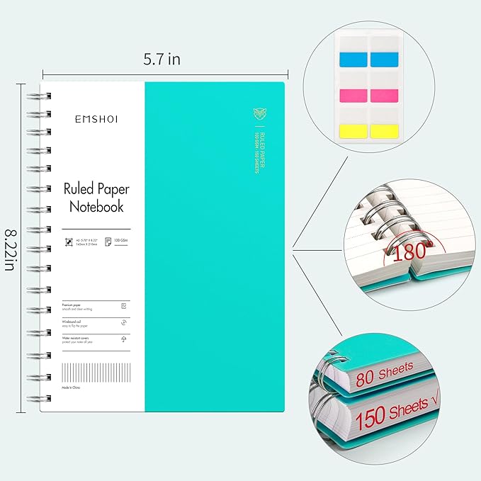 EMSHOI A5 Spiral Notebook College Ruled Lined Journal, Small 5.7" X 8.22", 300 Pages/150 Sheets, 100gsm Thick Paper, Waterproof Hardcover, for Office School Women Men Work Writing Notes-LightBlue