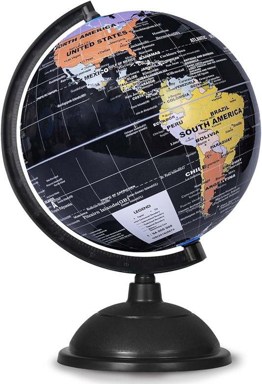 8 Inch World Globe with Stand Rotating Earth Spinning Globe for Kids Geography Classroom Education or Decorations (Black)