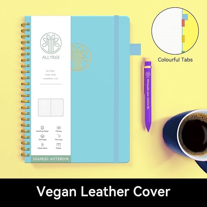 Alltree Large Graph Notebook Journal for Work, Engineering Paper Notebook, Leather Hardcover Spiral Notebook with Pen Loop, Pocket, Stickers, 160 Pages, Journal for Women & Men, Sky Blue(6"x8.5")