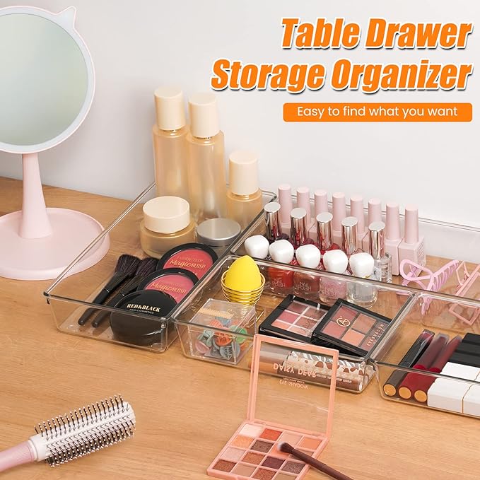 Criusia 6 Pack Large Size Clear Plastic Versatile Acrylic Stackable Drawer Organizer Trays, Storage Bins for Makeup, Bathroom, Kitchen and Office