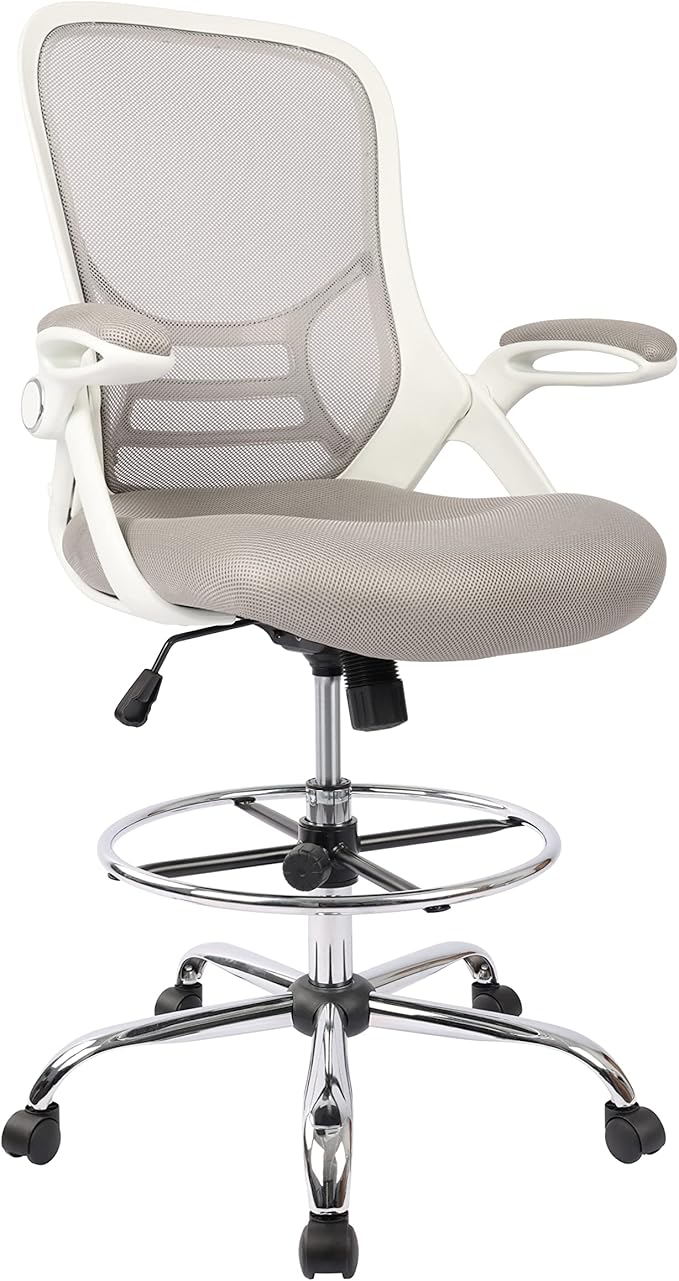 HYLONE Drafting Chair, Tall Office Chair Standing Desk Stool with Adjustable Foot Ring, Flip-Up Arms, Mesh High-Back Drafting Table Chair, White & Grey