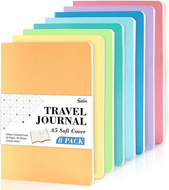 feela 8 Pack Soft Cover Journal Bulk, Notebooks College Ruled for Work, Lined Travel Journal for Students Women, Note Taking Notebook School Supplies Business Writing, 8.2” x 5.5”, A5, Pastel Colors
