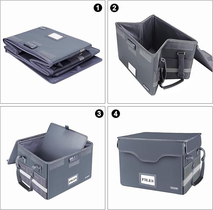 DocSafe File Box Fireproof Document Box with Lock, File Storage Organizer Box with Pockets,Collapsible Portable File Box Home Office File Cabinet with Handle for Hanging Letter/Legal Folder,Gray