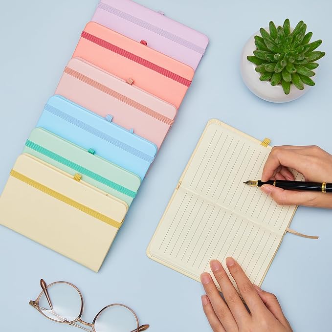 Laumoi 12 Pieces Small Notebooks A6 Pocket Journals 3.5 x 5.5 Inch Small Leather Notebook Mini Ruled Lined Journal with Elastic Band Pen Holder Page Marker Ribbons (Macaron Colors)