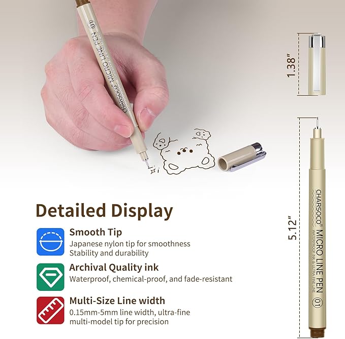 Brown Micro Pens, 12 Sizes in 0.23mm - 5mm, Waterproof Archival Ink, Fine Point Pen for Artist Illustration, Sketching, Anime, Manga and Technical Drawing