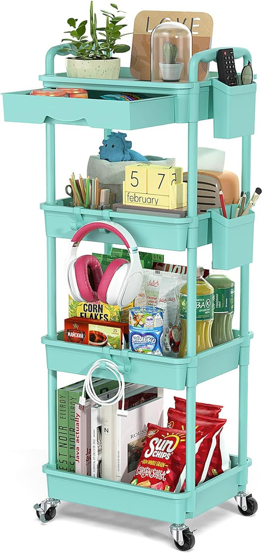 4 Tier Rolling Utility Cart with Drawer, Utility Storage Organizer with Plastic Shelf & Lockable Wheels Multifunctional Storage Cart for Kitchen, Bathroom, Office, Living Room, Blue