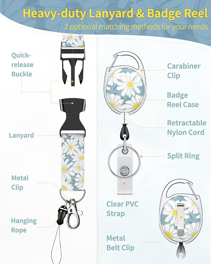 Uniclife Floral Sliding Badge Holder Daisy Flower Plastic Case with Retractable Badge Reel Carabiner Clip & Detachable Lanyard Strap Fashionable Vertical Card Protector for Women Nurse Teacher Student