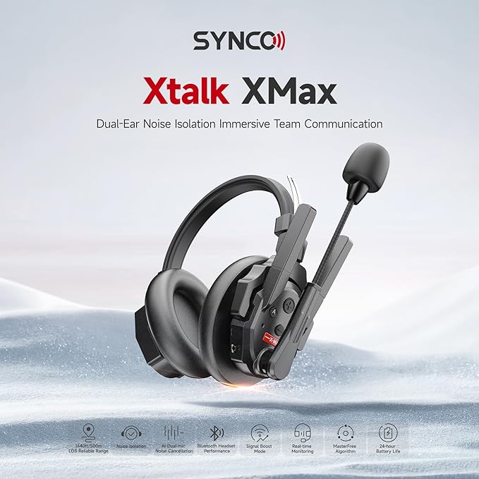 SYNCO XTalk XMax5 Dual-Ear Design Wireless Intercom Headset System Support 2.4GHz 9-Person Team Communication,Dual-mic AI Noise Cancellation,500M/1640FT Real-time Monitoring