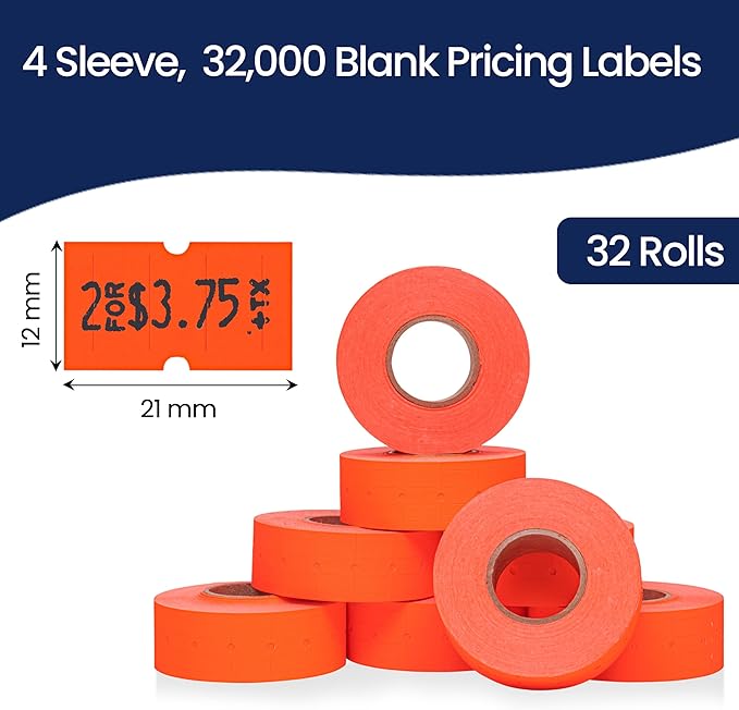 Perco 1 Line Fluorescent Red Labels - 32 Rolls, 4 Sleeves, 32,000 Blank Price and Date Gun Labels for Perco 1 Line Price and Date Guns - Made in USA
