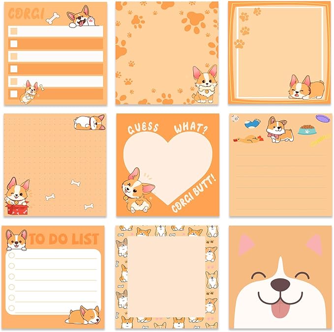 9 Pads Cute Sticky Notes Cartoon Animal Self Stick Notepads 3x3 Inches Notes Adhesive Memo Pad Office Decor Gifts for Students School Office Meeting(Corgi)