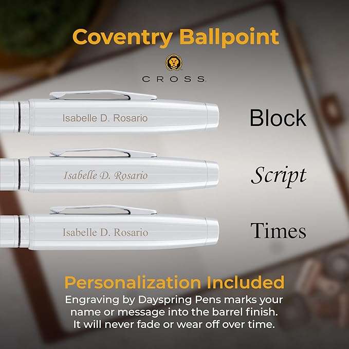 Personalized, Custom Engraved Cross Pen for Men or Women | Cross Coventry Ballpoint Pen | Luxury Gift for Office, Graduation and Business [Lustrous Chrome Finish]