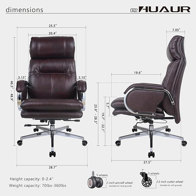 Genuine Leather Modern Executive Chair High-Back Support 90 to 150 Degrees Tilt and Upholstered Home Desk Chair with Base 360LB Capacity Swivel Computer Office Chair (Brown)