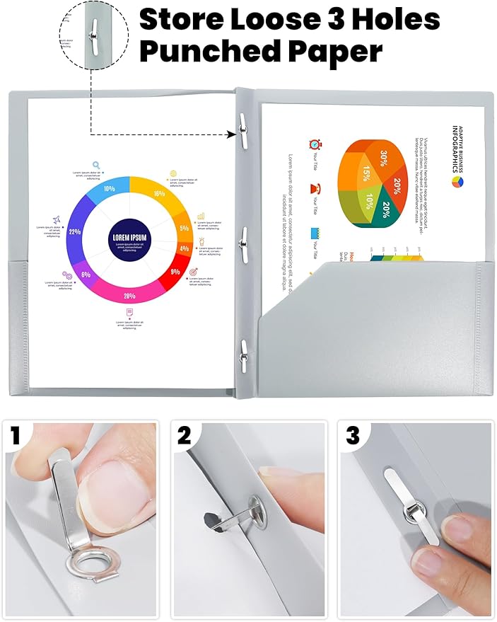 SUNEE 3-Prong Plastic Folders with Pockets (6 Pack, Pastel Colors) 2 Pocket Folders with Fasteners, Tear-Resistant Plastic Pockets, and Fit Letter Size Paper, Use for School Office Home Business