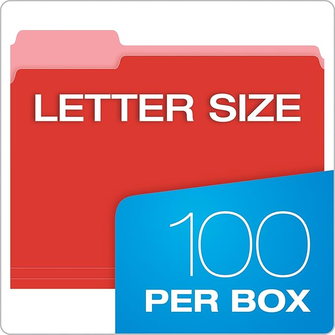 Pendaflex Two-Tone Color File Folders, Letter Size, Red, 1/3 Cut, 100 per box (152 1/3 RED)