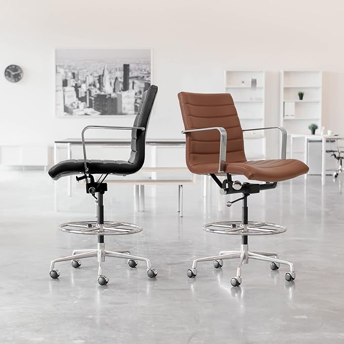 Laura Davidson Furniture SOHO II Ribbed Drafting Chair for Standing Desks, Standing Desk Chair - Ergonomically Designed, Commercial Grade Draft Height, Arm Rest & Cushion, Made of Faux Leather, Blue