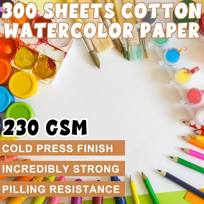 TaoBary 300 Pcs Watercolor Paper Sheet Bulk White Cold Press Paper Pack 110 lb 230 GSM Sketch Painting Watercolor Pad for Watercolorist Beginning Artists Adults Drawing Craft(5.5 x 8.5 Inch,230 GSM)