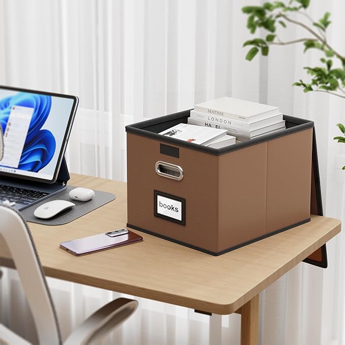 Huolewa Portable Leather File Organizer Boxes with Lids, Office Document Boxes Organizer, Filing Boxes, Decorative Small File Boxes for Hanging Files with Plastic Slide for Office/Decor/Home