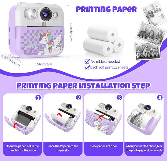 Kids Toddler Camera Instant Print Toys,1080P Children Printable Camera,Christmas Birthday Gifts for Girls Boys Age 3-10 with 3 Roller Photo Paper