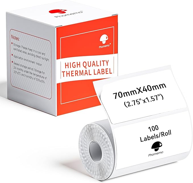 Phomemo Thermal Labels, Address Barcode Thermal Stickers for M220/M221/M200/M250 Label Printer Machine, 2.75"x1.57"(70x40mm),180 Labels/Roll, for Barcode/Address/Mailing/Logo,Black on White