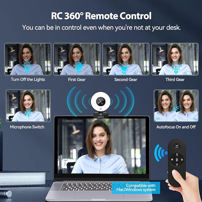papalook 4K Autofocus Webcam with Light, UHD Web Camera with Remote Control and Dual Noise-Cancelling Mics, Plug and Play USB Webcams for PC Laptop Zoom Skype Teams Google Meet
