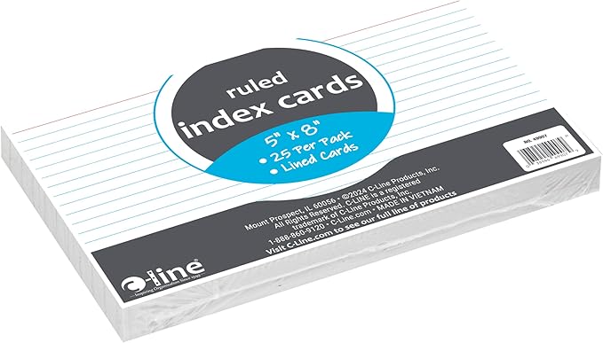 C-Line 5” x 8” Index Cards, White, Ruled, 25/PK (49907)