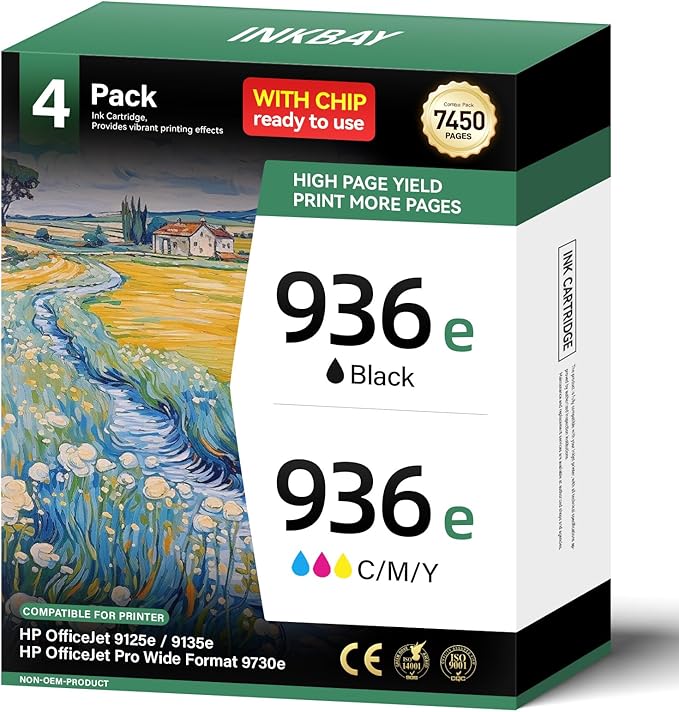 936e Ink Cartridge with Chip Combo 4-Pack Replacement for HP 936 936e Ink Compatible for HP OfficeJet Pro 9125e 9135e 9110b 9128e 9130b Wide Format 9730e OfficeJet 9122e Printers Inkjet Printer 936XL