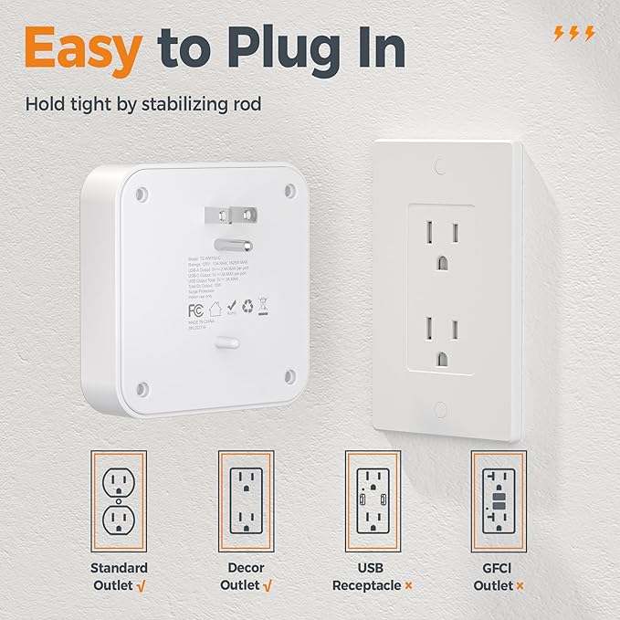 Surge Protector Outlet Extender, TESSAN Multi Plug Adapter with 4 Outlet Splitter and 3 USB (1 USB C), Multiple Plug Expander for Home Office Dorm Room Essentials