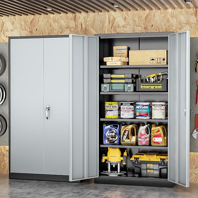 INTERGREAT Metal Storage Cabinet with Doors and Shelves,72" H Black Gray Steel Tool Locking Cabinet, Metal Storage Cabinet for Home Office, Warehouse, School