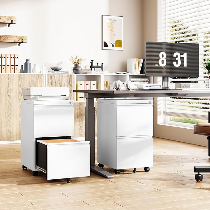 Mobile File Cabinet with Lock, 2 Drawer Under Desk Filing Cabinet with Wheels for Legal/Letter/A4 (Fully Assembled,White)