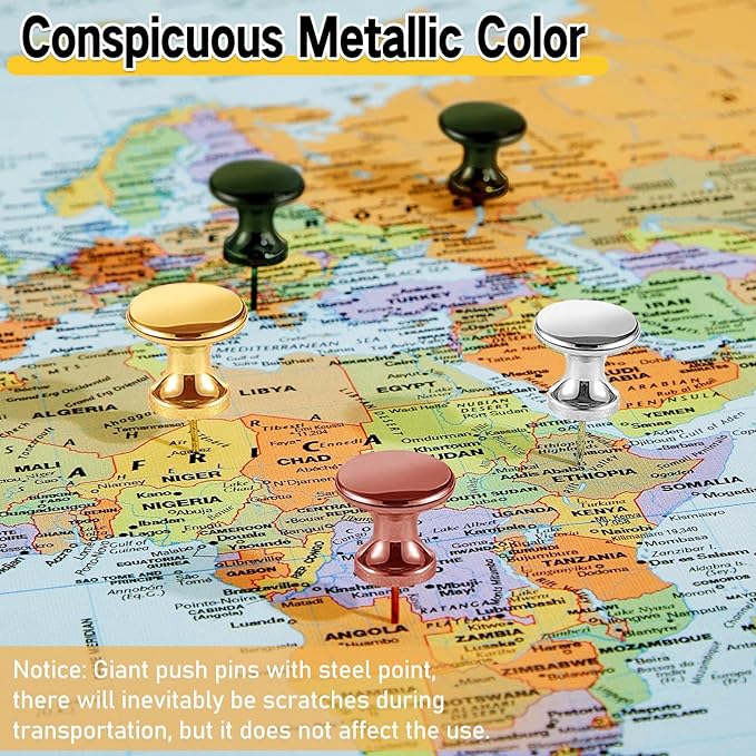 Outus 100 Pcs Giant Push Pins Large Thumb Tacks Plastic Heads 1 Inch Jumbo Push Pins for Cork Board Map Posters Office School(Gold, Silver, Bronze, Rose Gold, Gray)
