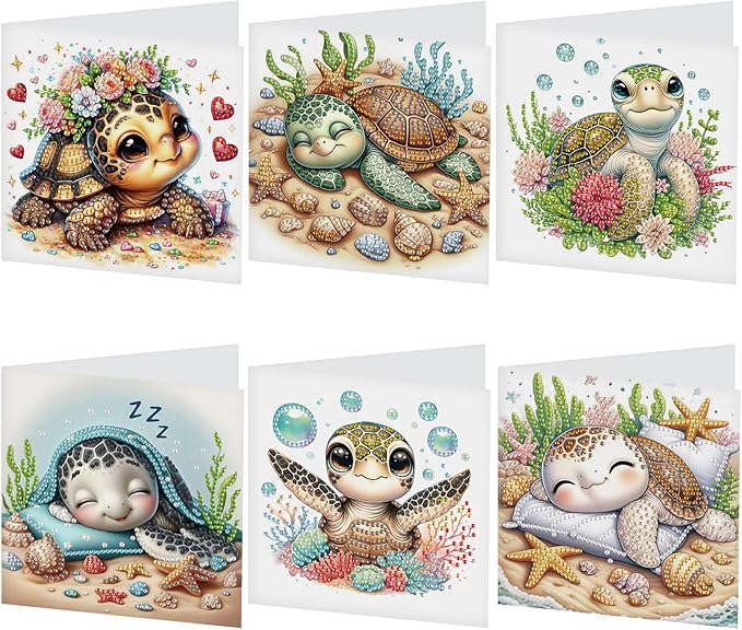 6 pcs Diamond Art Painting Greeting Card Kits, Animal Cute Turtle Design Irregular Shapes Diamond Art Fine Glitter Greeting Cards with Envelopes, Clay Glue, Pen, and Bead Bag for Creative Gifts