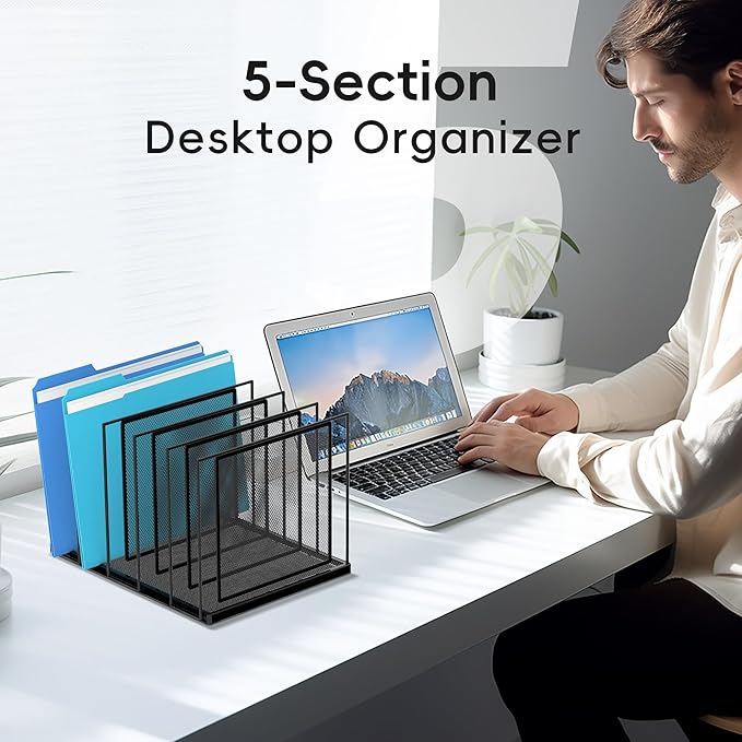 Inclined Desktop File Sorter, 5-Section Vertical File Folder, Mail Sorter Organizer for file holders, Metal File Organizer, Desktop File Folder Organizer for Office Classroom, Black 2 PACK