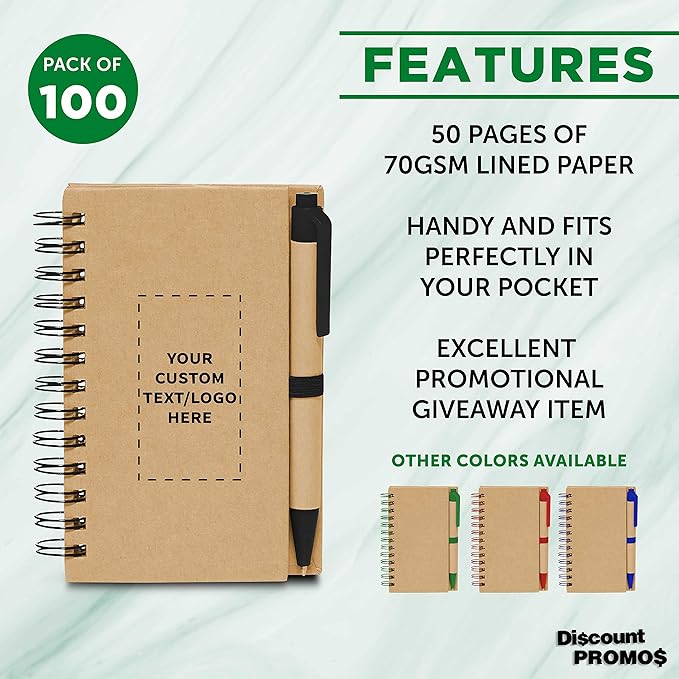 Custom Mini Spiral Notebooks with Black Ink Pens Set of 100, Personalized Bulk Pack - Perfect for School, Office, Business, Home - Black