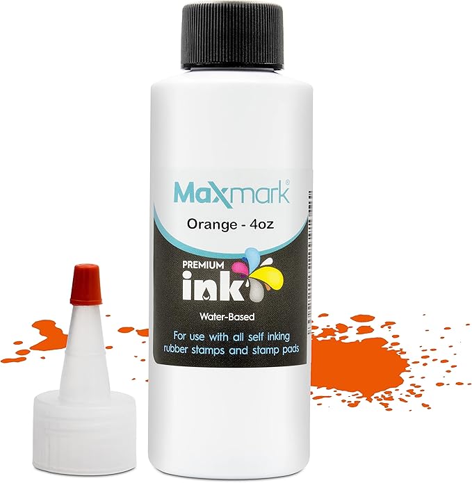 MaxMark Premium Refill Ink for self Inking Stamps and Stamp Pads, Orange Color - 4 oz.