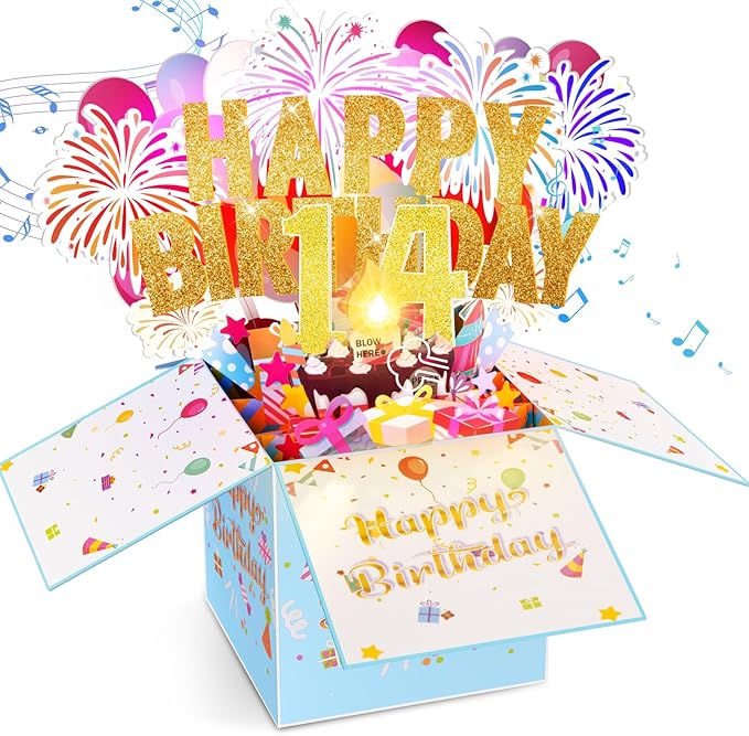 Tnvee 14TH Birthday Cards with Lights & Music & Candle, 3D Pop Up Singing Happy Birthday Greeting Cards Gfits for 14 Years Old Girl Boy Son Daughter