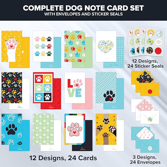 Decorably 24 Pack 4x6in Blank Dog Cards with Envelopes and Stickers, 12 Adorable Designs Dog Note Cards with Envelopes, Blank Inside - Kid's Party, Birthday
