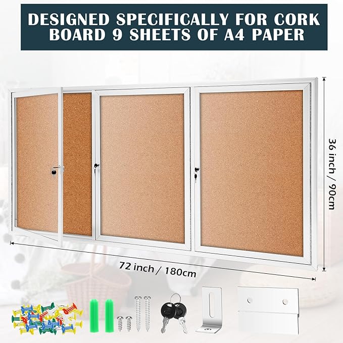 72" x 36" Enclosed Bulletin Board Outdoor 3 Door Weatherproof Tamper-Proof Enclosed Cork Board with Lock Aluminum Frame Display Case for Back to School, Office Commercial, 18xA4(Wood Color)