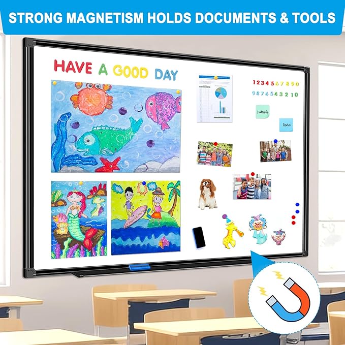 H-Qprobd 48"x24" Magnetic White Board Dry Erase Wall Mount Whiteboard - Office Home Classrooms White Board Hanging Writing Board with Black Aluminum Frame