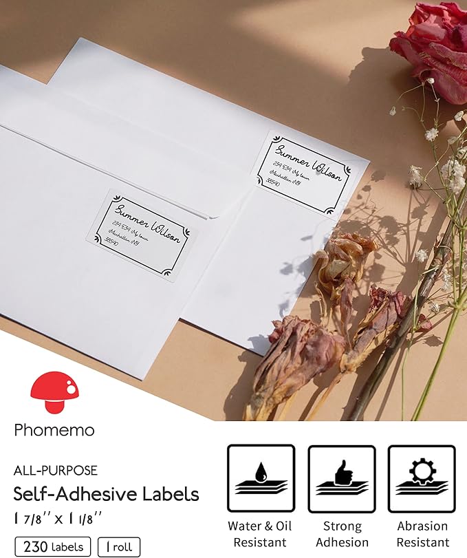 [230 pcs] Phomemo Original Labels for M110 M100 M220 M221 M120 M200, 1.97'' x 1.18''(50 x 30mm), 230 Labels/Roll, Square, White, Multi-Purpose Self-Adhesive Thermal Labels, for Barcode, Name, Address